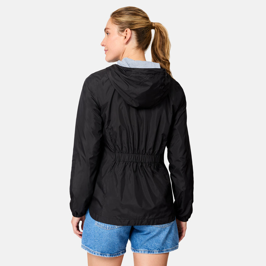 [Brooke is 5'9" wearing size S] Woman wearing a black hooded jacket on a white background