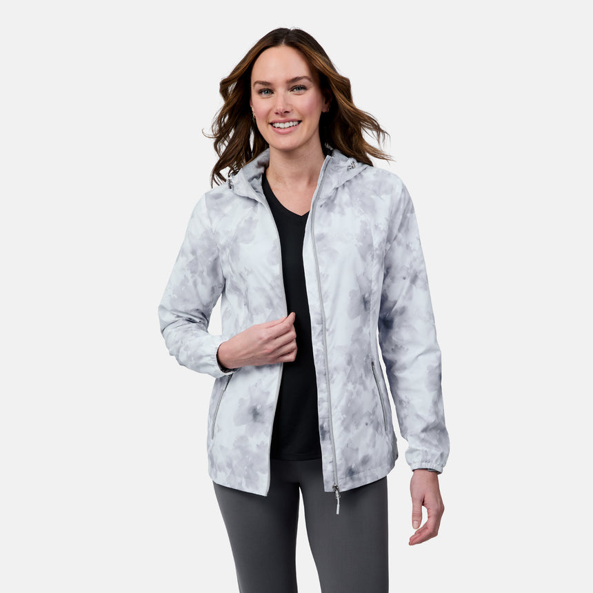 [Emily is 5'9" wearing size S] Woman wearing a light gray tie-dye jacket on a white background