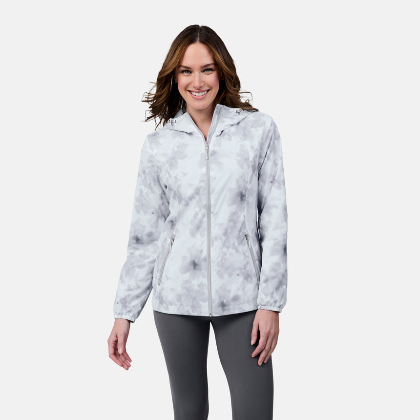 [Emily is 5'9" wearing size S] Woman wearing a light gray patterned jacket on a white background