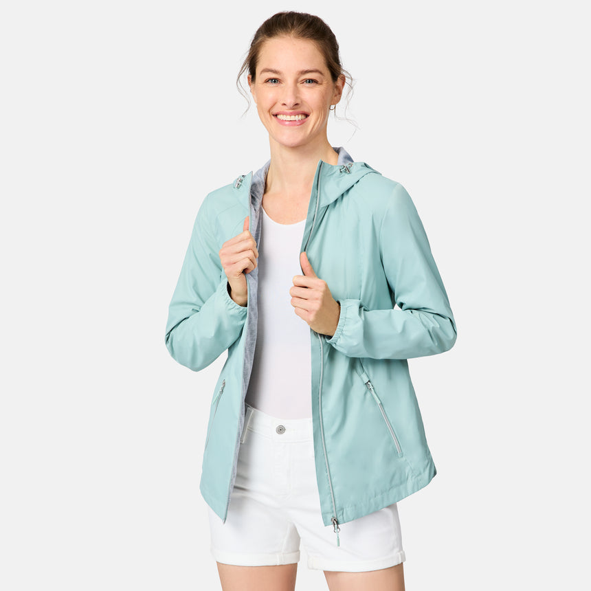 [Kaitlyn is 5'9" wearing size S] Woman wearing a light green rain jacket on a white background