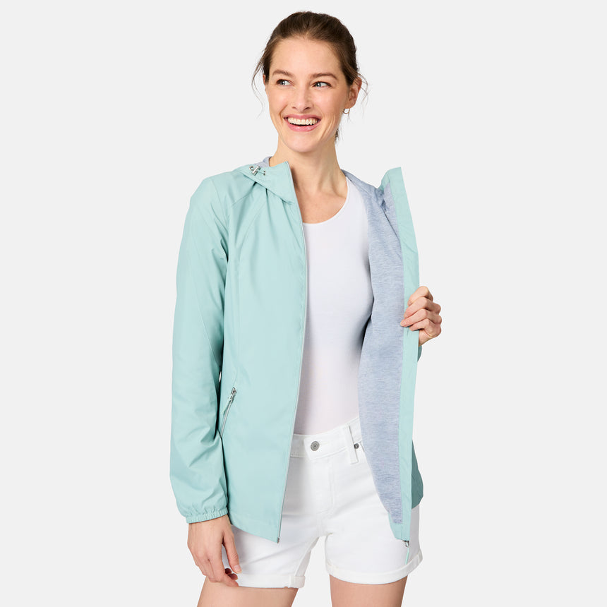 [Kaitlyn is 5'9" wearing size S] Woman wearing a light green jacket over a white shirt and shorts on a white background
