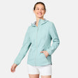 [Kaitlyn is 5'9" wearing size S] Woman wearing a light green windbreaker jacket on a white background