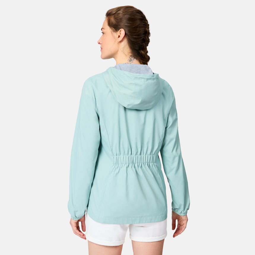 [Kaitlyn is 5'9" wearing size S] Person wearing a light green jacket on a white background