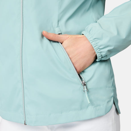 [Kaitlyn is 5'9" wearing size S] Light green jacket with a hand in the pocket on a white background