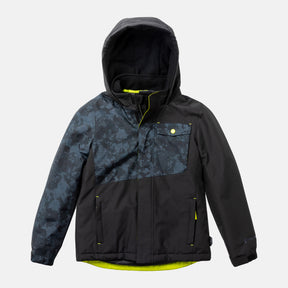 The Free Country Boys' Multi Rip Stop Boarder Jacket features a blue camo upper chest and shoulders, yellow lining, buttoned chest pocket, and two zippered side pockets. This black, water-resistant kids' jacket is shown against a plain light background.