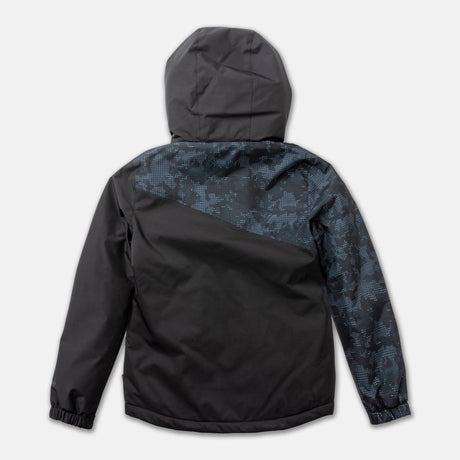 The Free Country Boys' Multi Rip Stop Boarder Jacket is black with a dark blue digital camo pattern on one shoulder and sleeve, made from water-resistant fabric, while the rest of the jacket remains plain black.