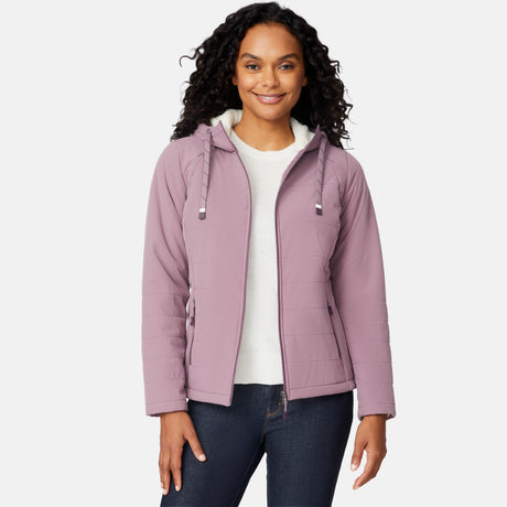 [Angelique is 5'10" wearing size S.] Women’s Free Country light purple hooded jacket with full-zip closure, drawstring hood, and dual hand pockets—sherpa lined for added warmth and comfort. Paired with dark jeans for a cozy, casual cold-weather look.