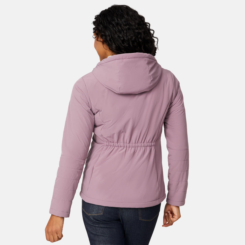 [Angelique is 5'10" wearing size S.] Women’s Free Country light purple hooded jacket with full-zip closure, drawstring hood, and dual hand pockets—sherpa lined for added warmth and comfort. Paired with dark jeans for a cozy, casual cold-weather look.