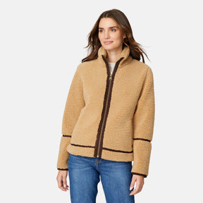 [Jessica is 5'9.5" wearing size S.] Woman wearing a camel-colored jacket with dark brown accents on a white background