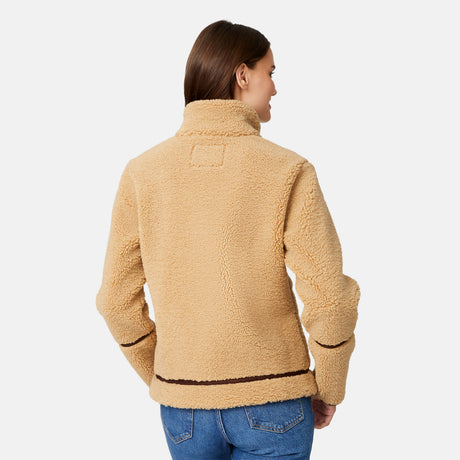 [Jessica is 5'9.5" wearing size S.] Woman wearing a camel-colored jacket with dark brown accents on a white background
