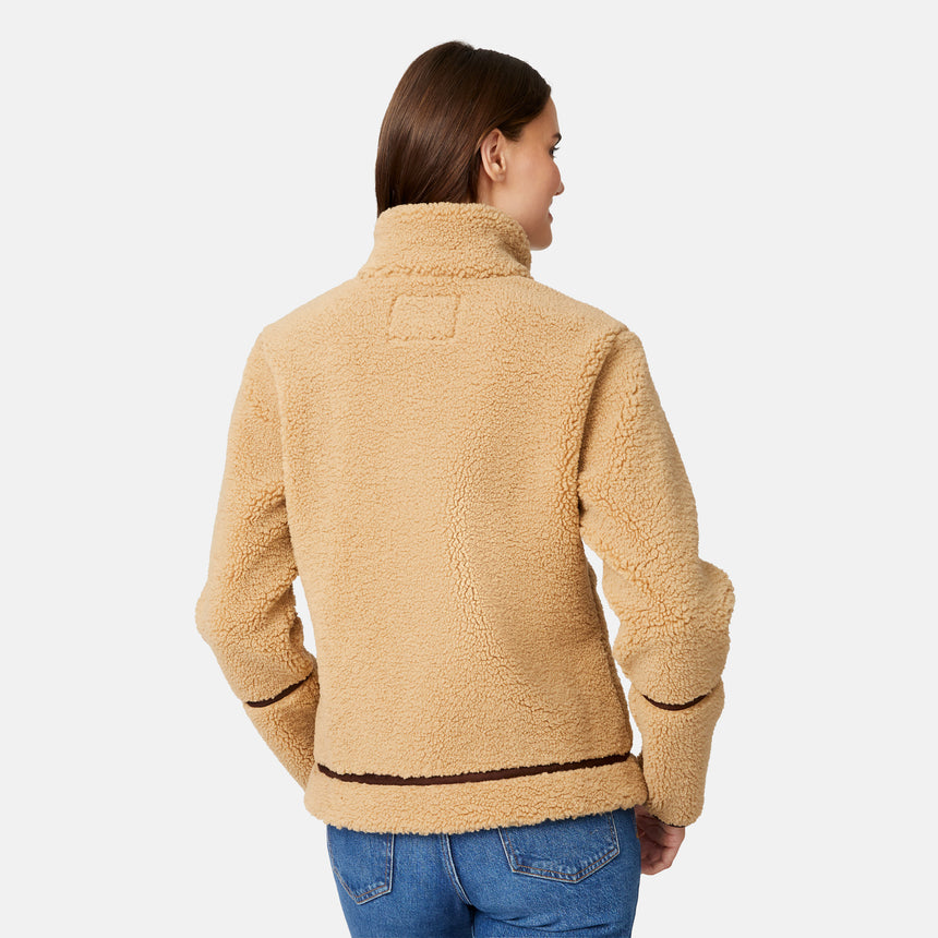 [Jessica is 5'9.5" wearing size S.] Woman wearing a camel-colored jacket with dark brown accents on a white background