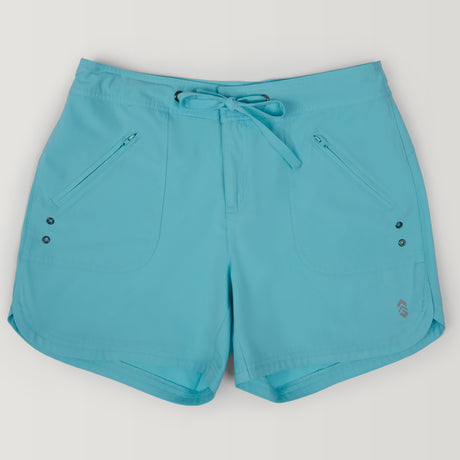 The Free Country Women's 5" Bermuda Board Short features light blue, four-way stretch fabric that's lightweight and quick-drying, plus a drawstring waist, two zippered front pockets, and decorative side buttons—perfect for active wear.