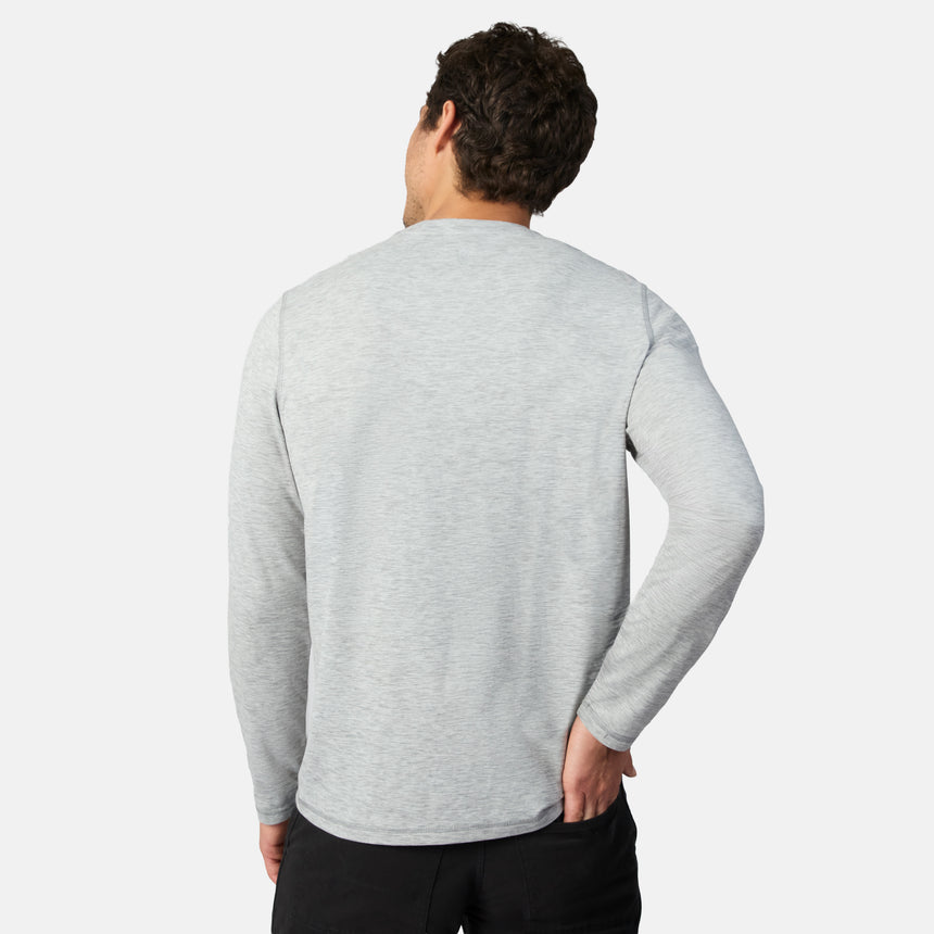 [Model is wearing size M.] A man viewed from behind wearing a light gray heather long-sleeve crewneck shirt and black pants, set against a plain light gray studio background.
