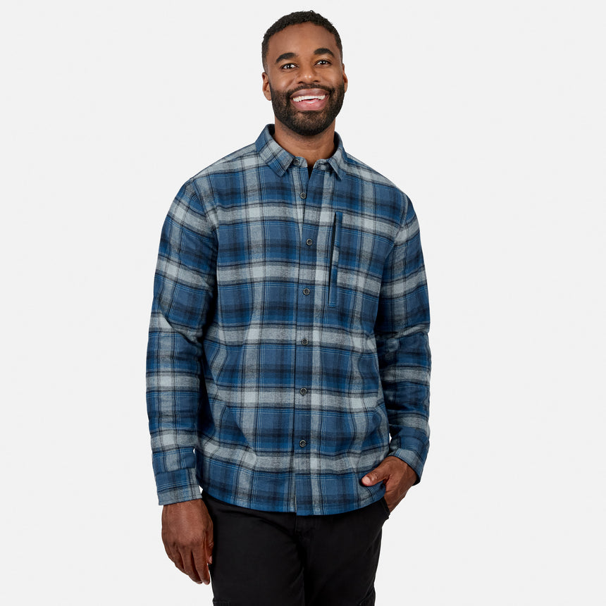 [Model is wearing size M.] Smiling man wearing Men's Easywear II fleece lined blue plaid flannel shirt.
