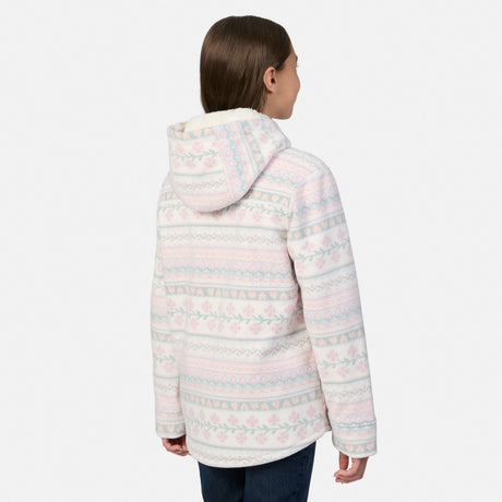 Back view of a girl wearing a cream-colored, sherpa-lined Girls’ Chill Out Fleece Shirt Jacket featuring a pastel-colored Nordic-inspired plaid print.