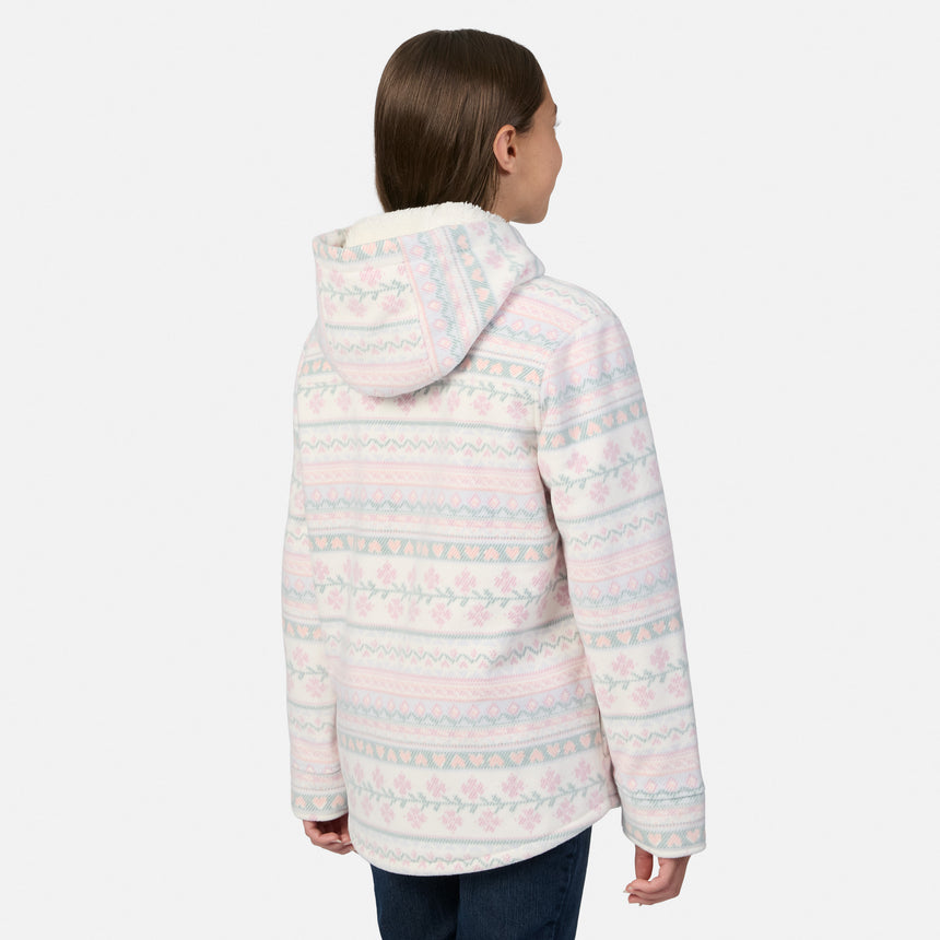 Back view of a girl wearing a cream-colored, sherpa-lined Girls’ Chill Out Fleece Shirt Jacket featuring a pastel-colored Nordic-inspired plaid print.