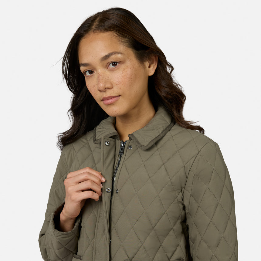 [Model is wearing size S.] A woman wearing an olive green diamond-quilted jacket, shown from the chest up against a light gray studio background.