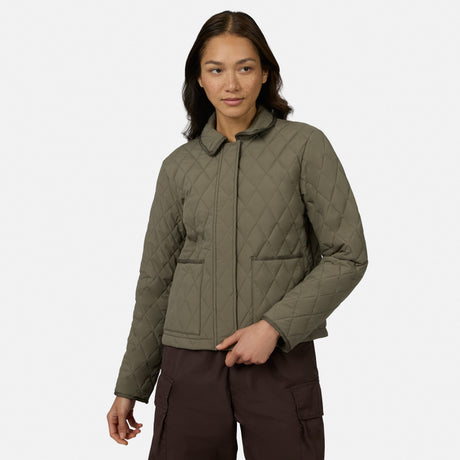 [Model is wearing size S.] A woman modeling a quilted olive green jacket with a stand collar and front zipper, paired with dark brown cargo pants, against a light gray studio background.