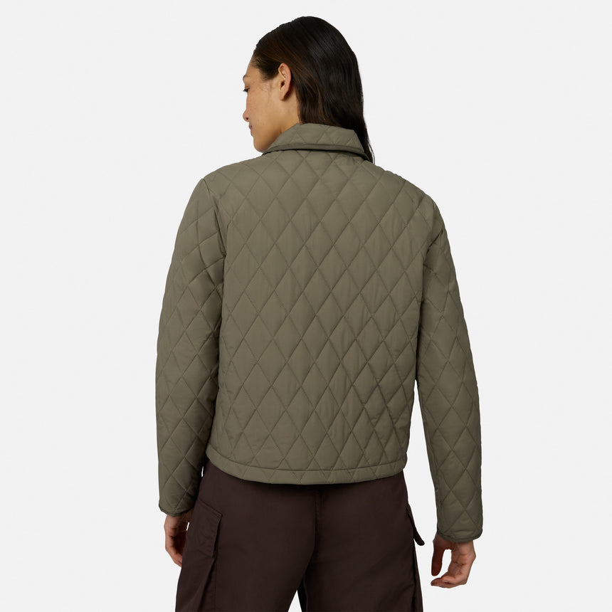 [Model is wearing size S.] A woman shown from the back wearing a quilted olive green jacket and dark brown cargo pants against a light gray studio background.
