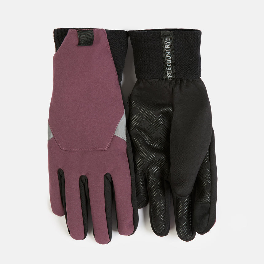 Women’s Super Softshell® Gloves in prune with a patterned grip on the palms, texting tips, and a ribbed cuff.