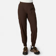 Model wearing dark brown Women’s Get Out There Fleece Lined Jogger by Free Country with brown camo sneakers, standing against a white background. Only the lower half is visible, showcasing the comfy, stylish water-resistant joggers.