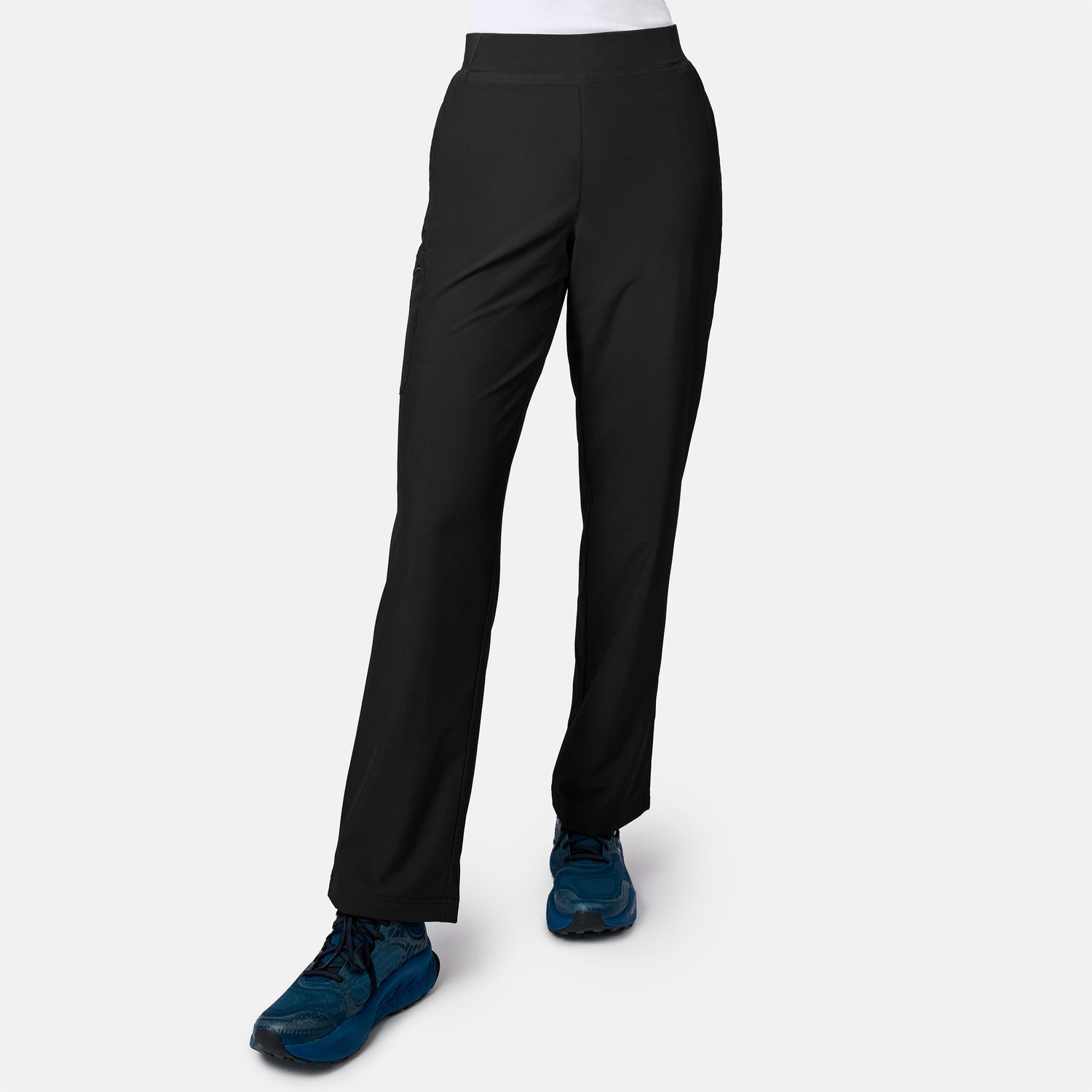 [Model is wearing size S.] Black athletic pants shown on a model from the waist down, paired with blue running shoes against a light gray studio background.