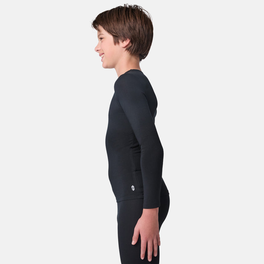 Child wearing a black long-sleeve base layer shirt and black base layer pants on a white background