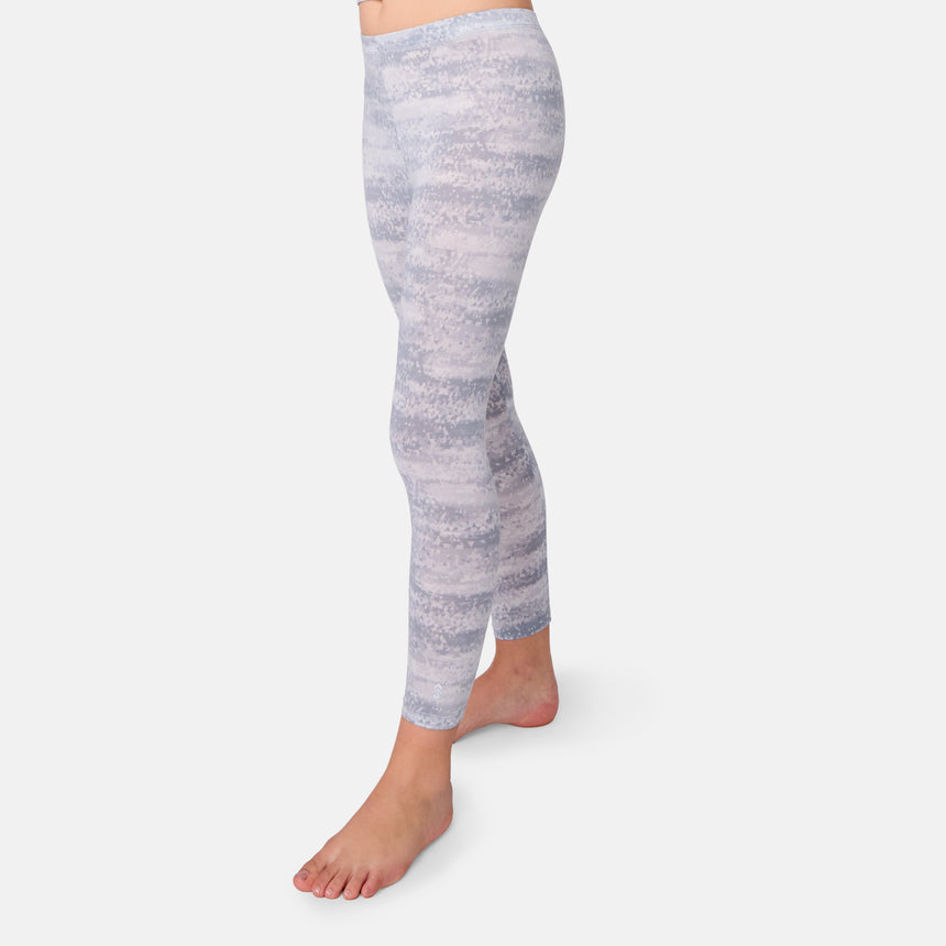 Marled gray leggings worn by a child on a white background