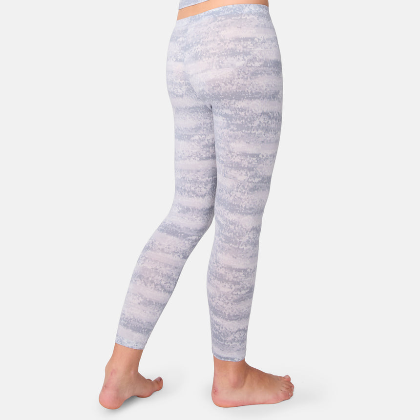 Marbled gray leggings worn by a child on a white background