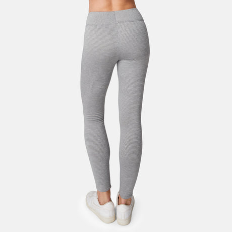 A person wearing Free Country Women's Force Grid Fleece Base Layer Bottoms in gray and white sneakers is shown from the back against a plain white background.