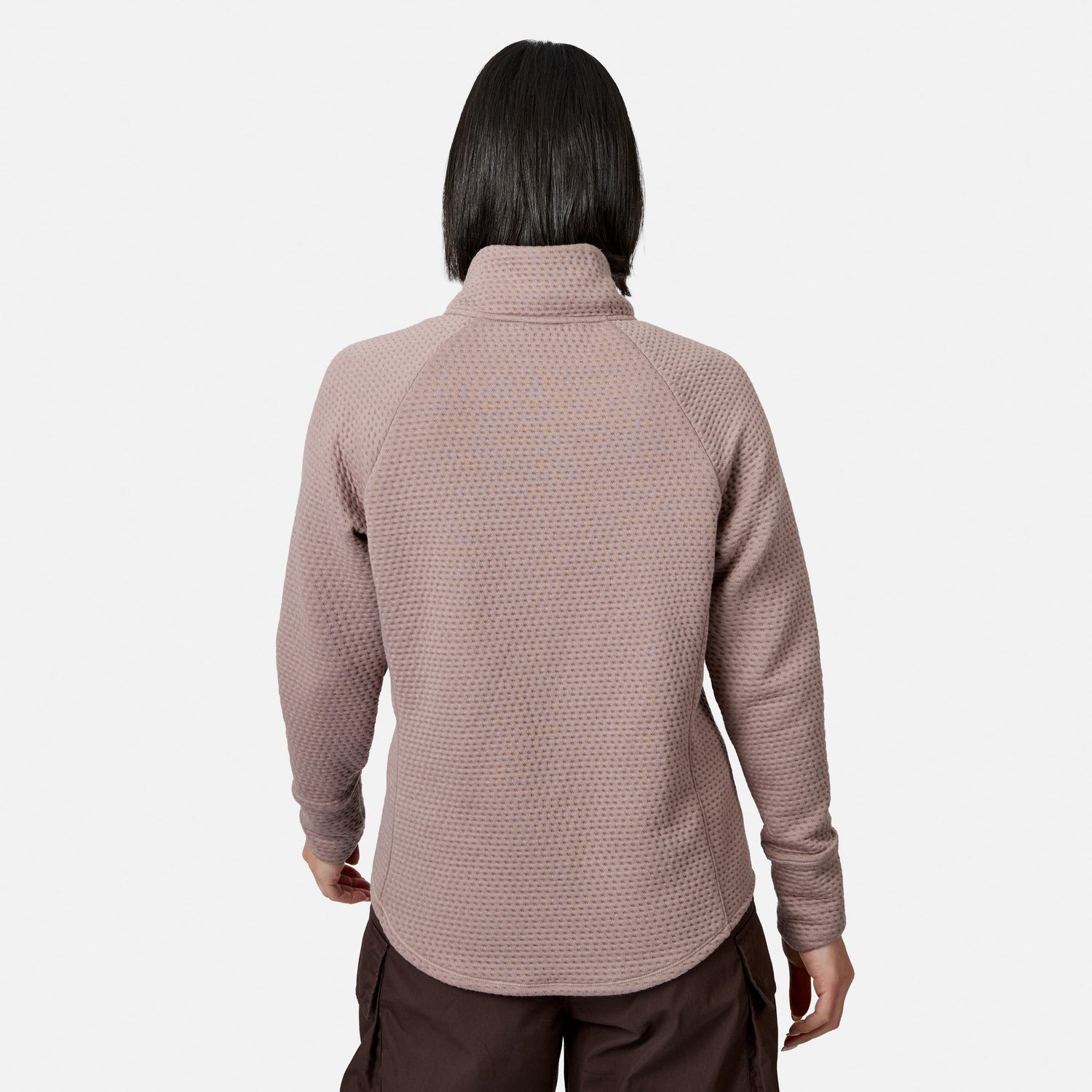 Back view of a mauve Free Country Women’s UltraFill Cowl Neck Top featuring a textured honeycomb pattern and a seamless quilting design.