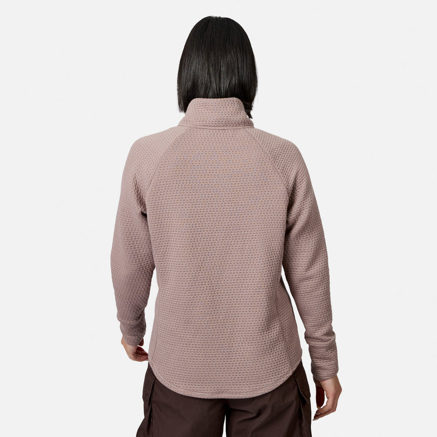 Back view of a mauve Free Country Women’s UltraFill Cowl Neck Top featuring a textured honeycomb pattern and a seamless quilting design.