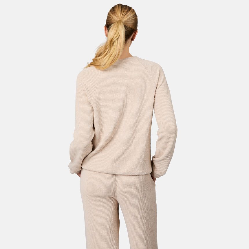 [Emily is 5'10" wearing size S] Person wearing a beige sweater and pants set on a white background