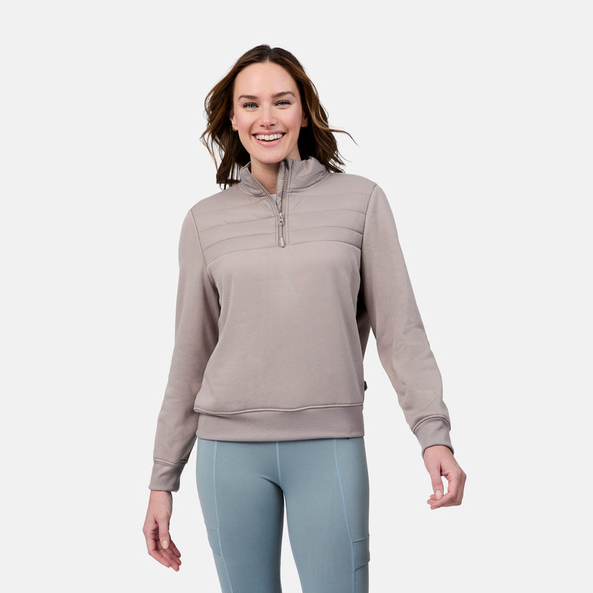 [Emily is 5'9" wearing size S] Woman wearing a beige pullover with a zipper on a white background