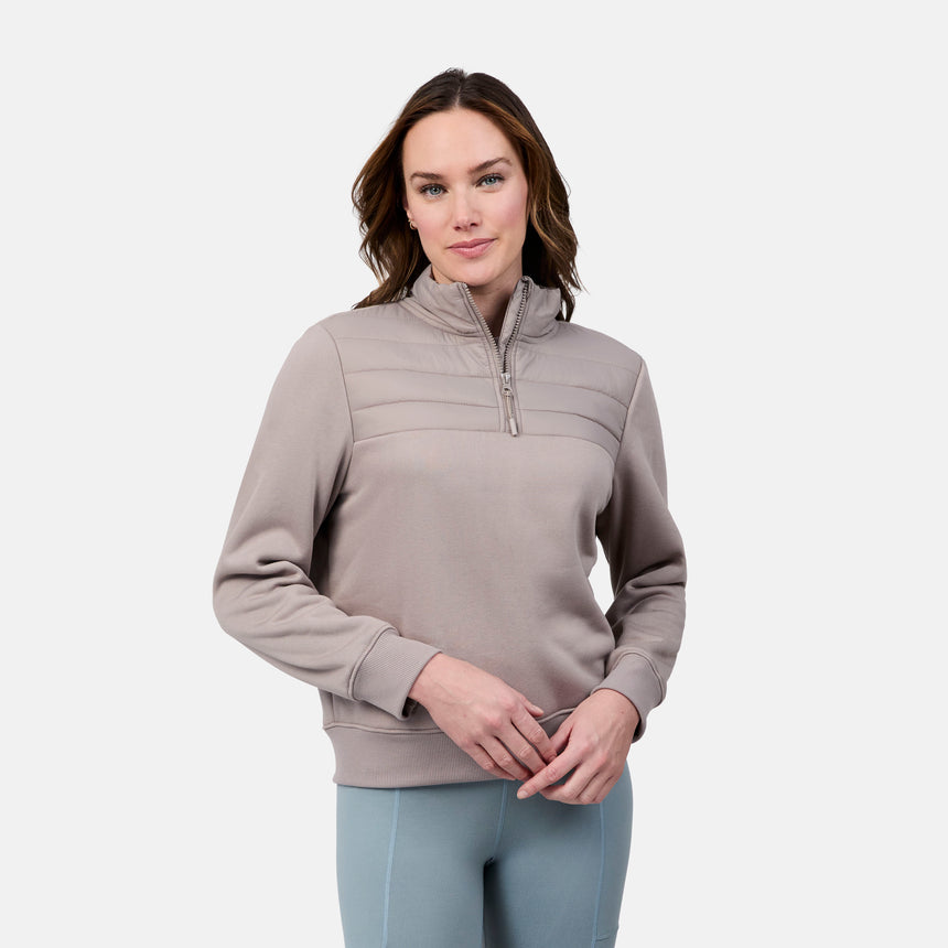 [Emily is 5'9" wearing size S] Woman wearing a beige pullover with a zipper on a white background