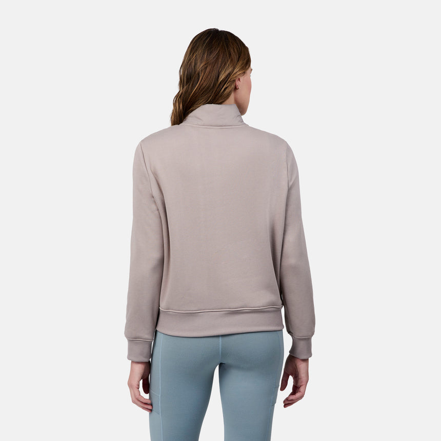 [Emily is 5'9" wearing size S] Woman wearing a light gray sweatshirt and light blue leggings on a white background