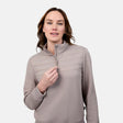 [Emily is 5'9" wearing size S] Woman wearing a beige half-zip pullover on a white background