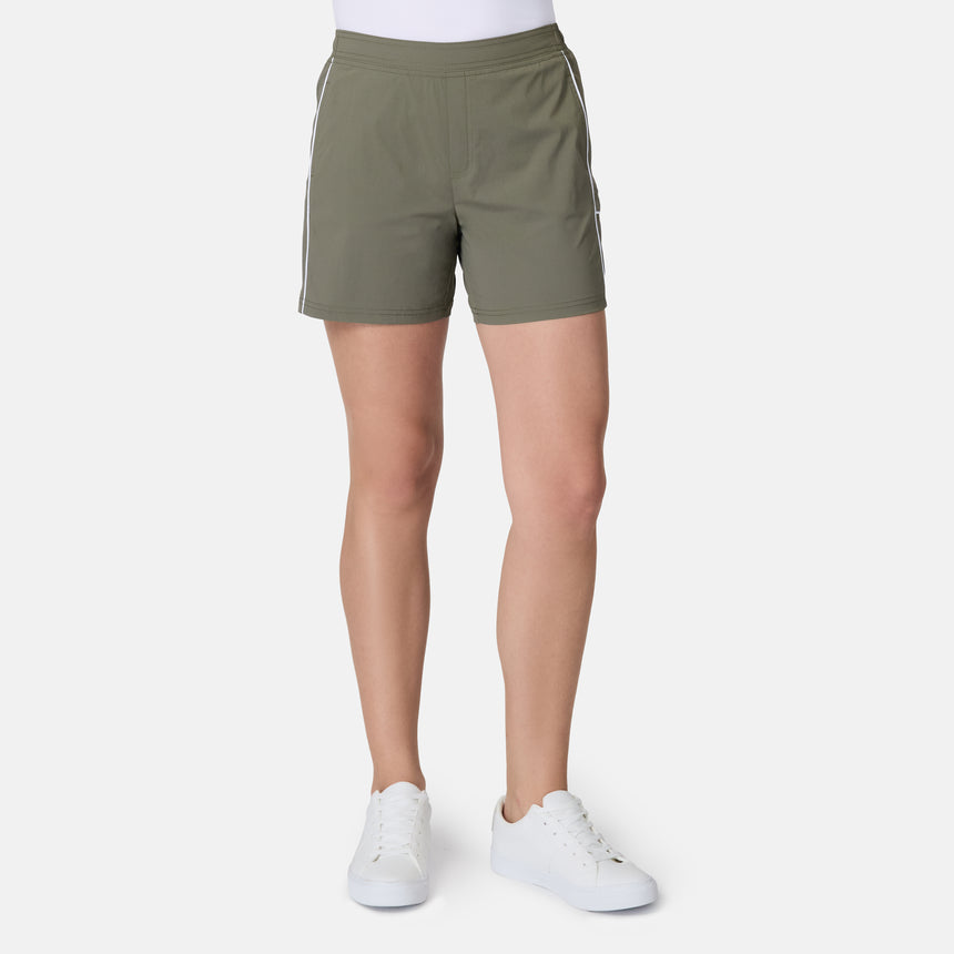 [Model is wearing size S] Person wearing olive green shorts with white stripes on a white background