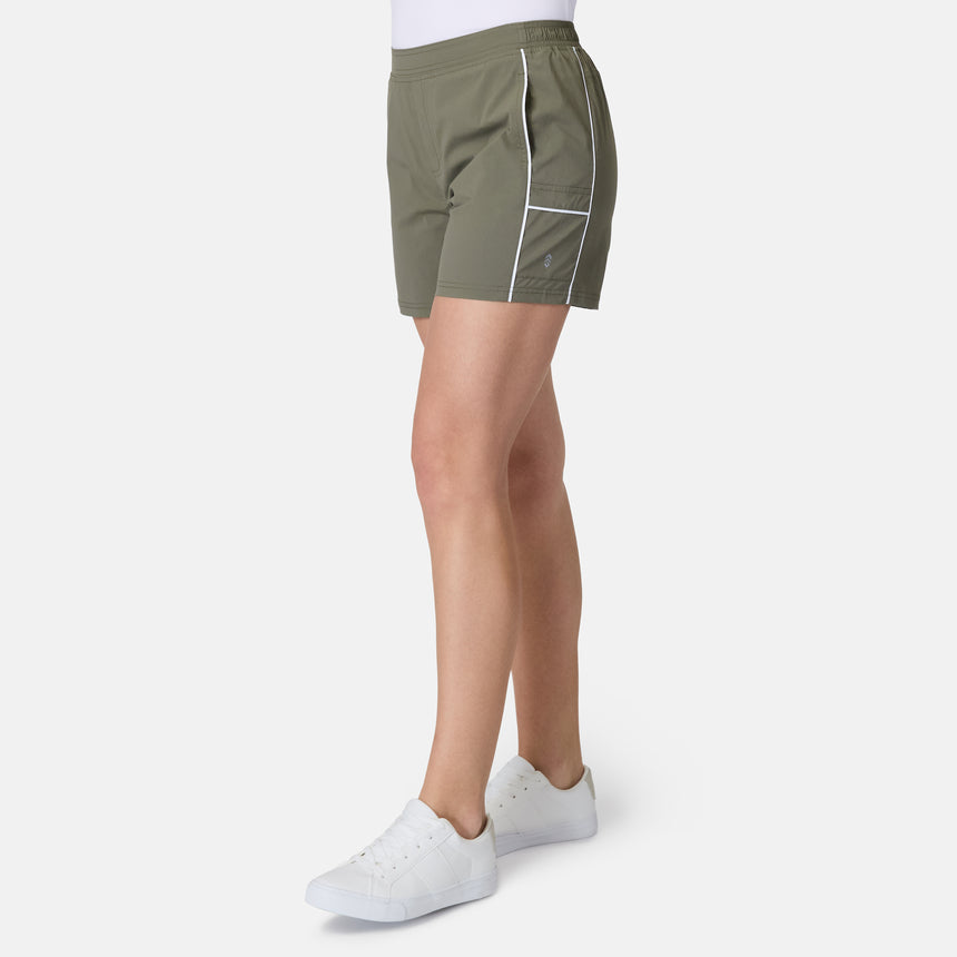 [Model is wearing size S] Person wearing olive green shorts with a white stripe on a white background