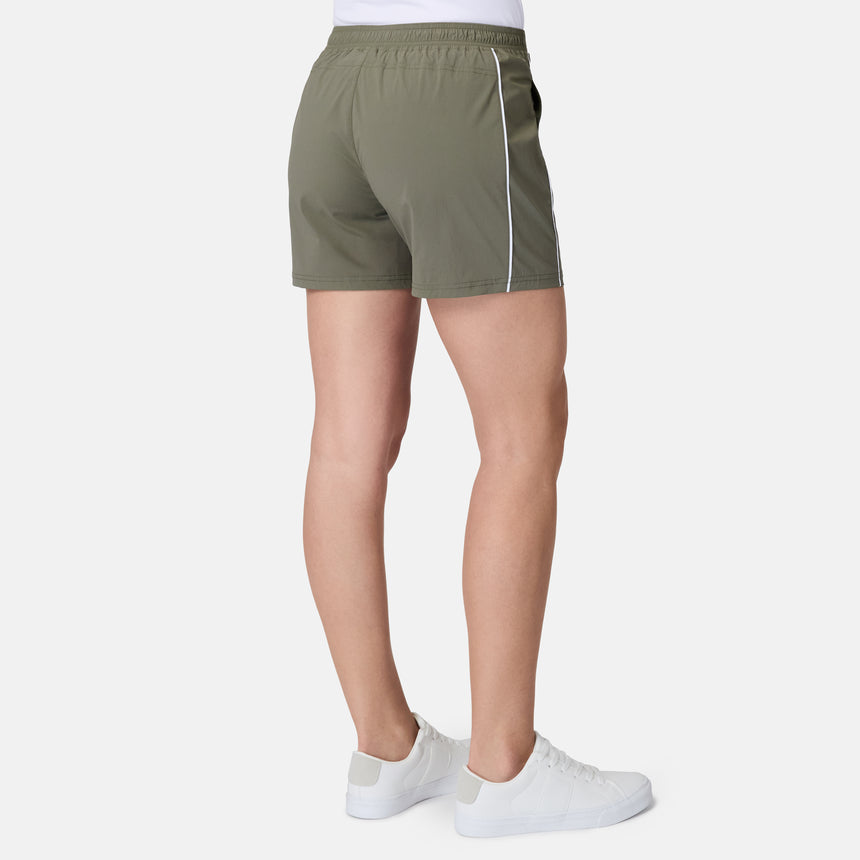 [Model is wearing size S] Person wearing olive green shorts on a white background
