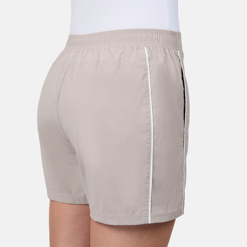 [Model is wearing size S] Beige shorts with a white stripe on a light gray background
