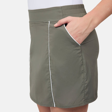 [Model is wearing size S] Green skirt with white trim worn by a person on a plain background