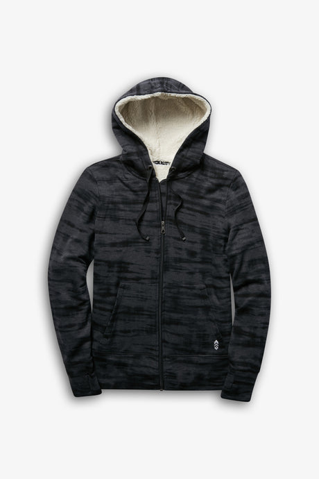The Women's Luxe+ Sherpa Lined Jacket by Clearance is a black and dark gray zip-up hoodie with subtle stripes, front pockets, drawstring hood, and ultra-comfy Sherpa lining, shown laid flat on a white background.