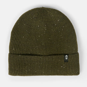 The Clearance Men's Knit Cuff Beanie is a ribbed olive green hat with a folded brim and a black tag featuring a white chevron logo, designed for cold-weather comfort and shown on a plain white background.