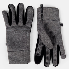 The Clearance Men's Sportstyle Knit Glove features a gray fleece-like texture, black grip dots on the palm, and a sleek modern design—ideal for cold-weather workouts. One glove shows the back, the other highlights the grippy palm.