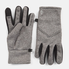 The Women's Sportstyle Knit Glove by Clearance features a gray reflective design with black accents, textured grip dots on the palm of one glove, and a subtle logo plus stitching detail on the back of the other.