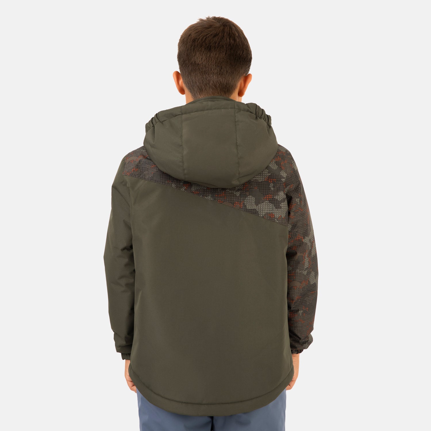 Back view of the olive green Boys’ Multi Rip Stop Boarder Jacket, featuring a hood and patterned detailing on the sleeves and upper back.