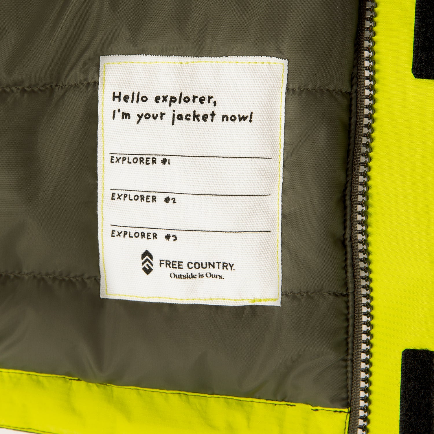 Interior label of a Boys’ Multi Rip Stop Boarder Jacket with space for three names and the text, Hello explorer, Im your jacket now!.