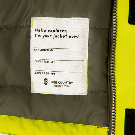 Interior label of a Boys’ Multi Rip Stop Boarder Jacket with space for three names and the text, Hello explorer, Im your jacket now!.