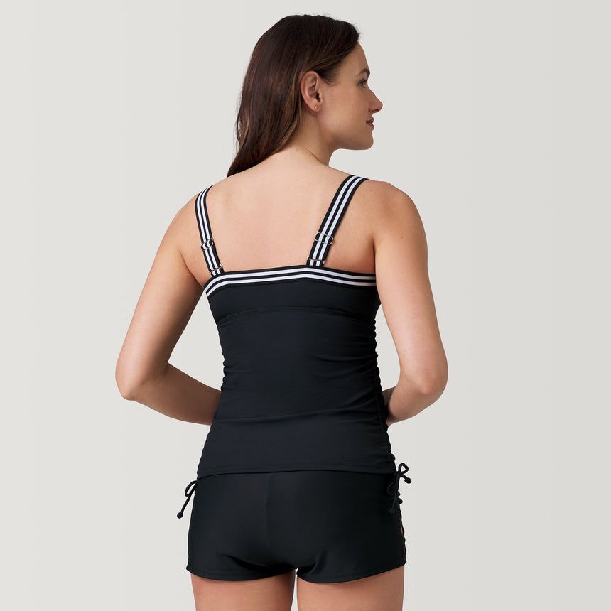[Emily is 5’9” wearing a size Small.] Women's Track Strap Tankini Top - Black #color_black